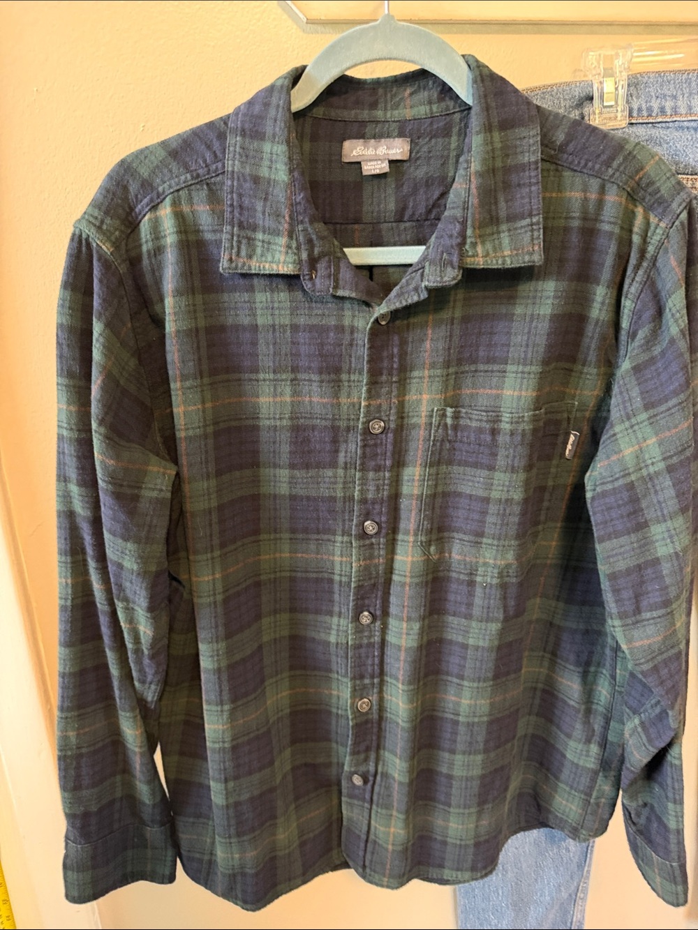 Eddie Bauer Green and Navy Plaid Long-Sleeve Button-Down Shirt